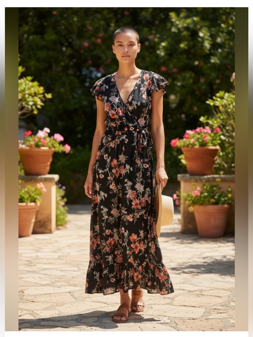 Floral Wrap Maxi Dress in Black with Pink and Green Accents